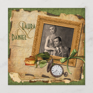 Vintages Grün, Gold Frame Foto Hochzeitsempfang Einladung