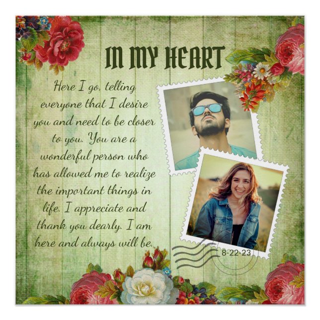 Vintages Grün-Holz-Blumenromantik-Liebe Poster (Vorderseite)