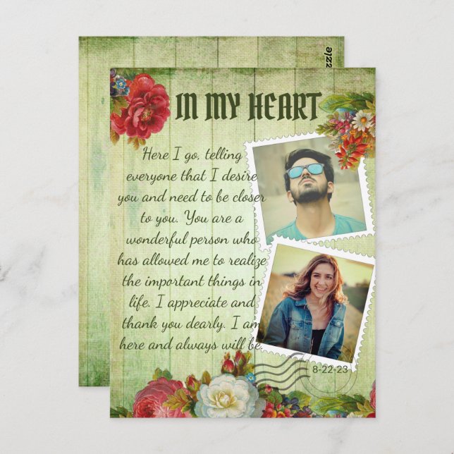 Vintages Grün-Holz-Blumenromantik-Liebe Postkarte (Vorne/Hinten)