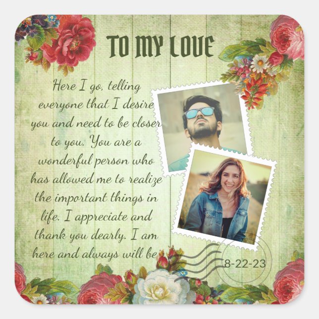 Vintages Grün-Holz-Blumenromantik-Liebe Quadratischer Aufkleber (Vorderseite)