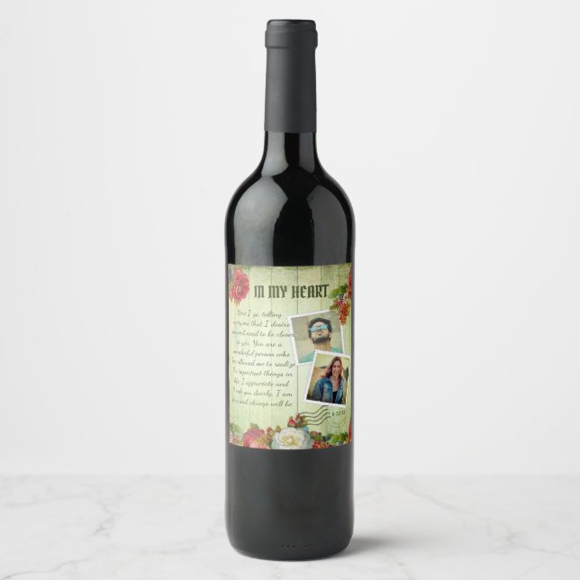 Vintages Grün-Holz-Blumenromantik-Liebe Weinetikett (Vorderseite)