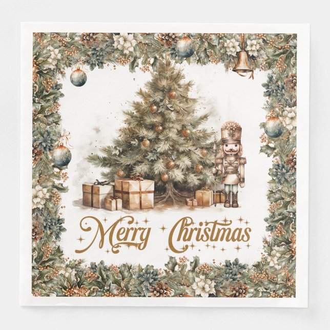 Vintages Grün und Goldweihnahrung Serviette (Vorderseite)