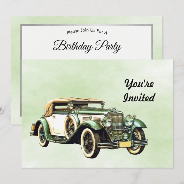 Vintages grünes Auto Wasserfarbe Geburtstag Einladung (Vorne/Hinten)