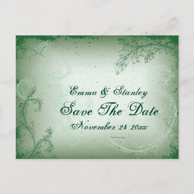 Vintages grünes Blätterblatt Save the Date Ankündigungspostkarte (Vorderseite)