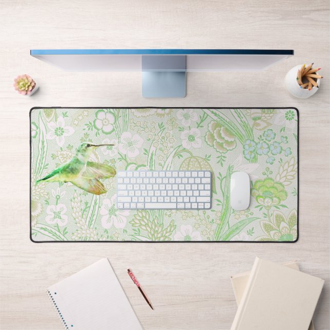 Vintages Grünes Blumenmuster und Grüner Hummingvog Schreibtischunterlage (Büro 1)