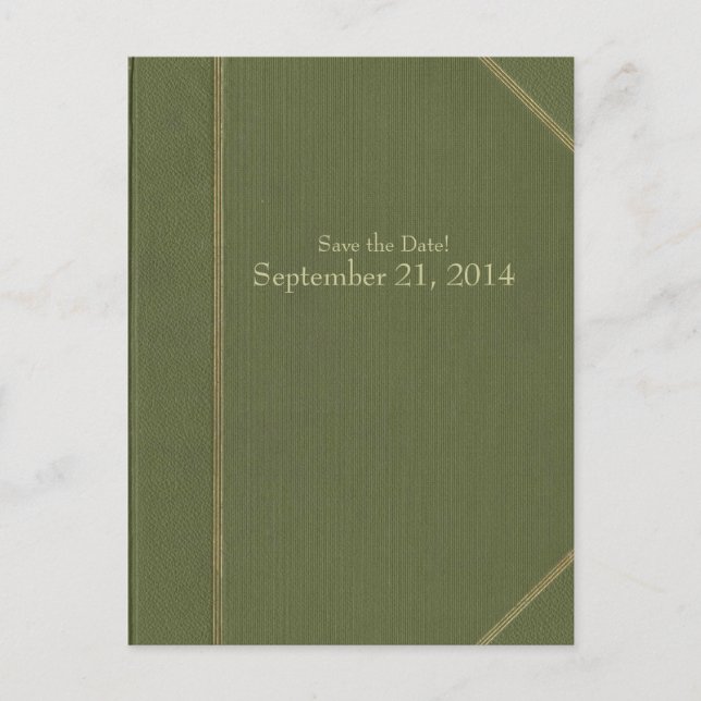 Vintages grünes Buch Save the Date Ankündigungspostkarte (Vorderseite)