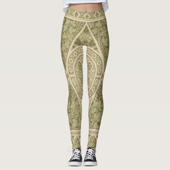Vintages Grünes Jugendstil-Blumenmuster Leggings (Vorderseite)