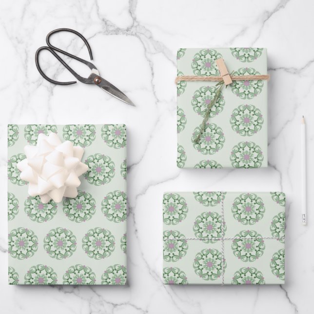Vintages grünes Lotusmuster Geschenkpapier Set (Vorderseite)