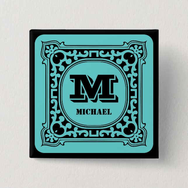 Vintages grünes Zieralphabet Button (Vorderseite)