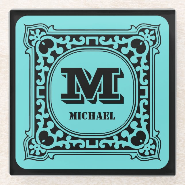 Vintages grünes Zieralphabet Glasuntersetzer (Vorderseite)