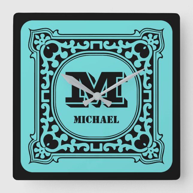 Vintages grünes Zieralphabet Quadratische Wanduhr (Vorderseite)