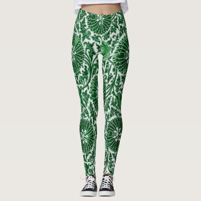 Vintages grünes Zierblumenmuster Leggings (Vorderseite)