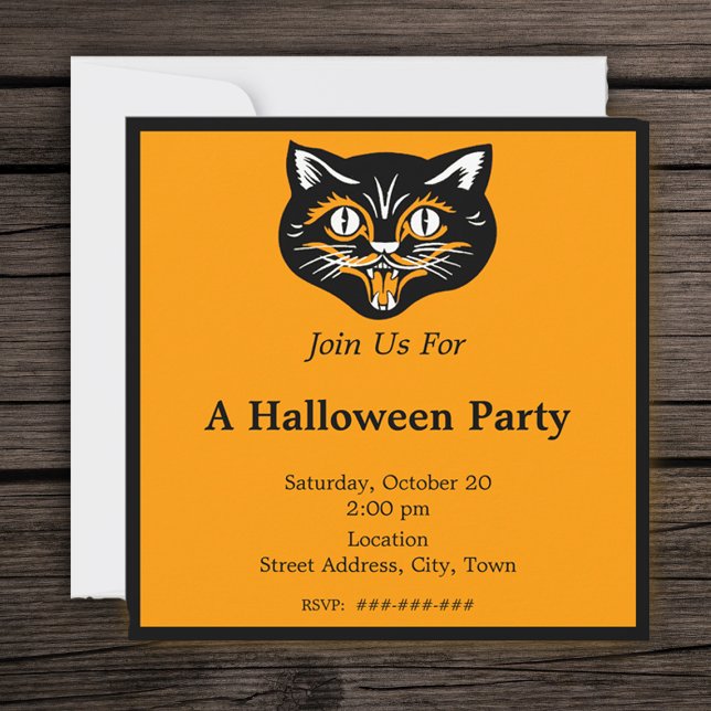 Vintages Halloween Black Cat Face Party Einladung (Black cat vintage Halloween face on orange and black Halloween party invitation.)