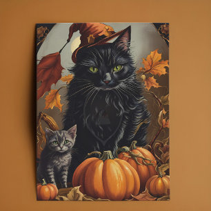Vintages Halloween Black Cat Hexe Kitten Pumpkins Feiertagskarte