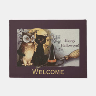Vintages Halloween Black Cat & Owl Hexenhut Moon Fußmatte