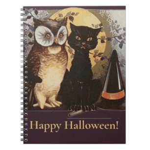 Vintages Halloween Black Cat & Owl Hexenhut Moon Notizblock