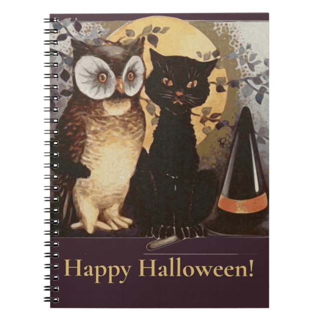 Vintages Halloween Black Cat & Owl Hexenhut Moon Notizblock (Vorderseite)