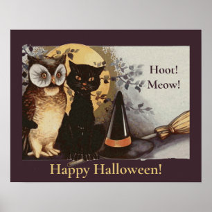 Vintages Halloween Black Cat & Owl Hexenhut Moon Poster