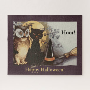 Vintages Halloween Black Cat & Owl Hexenhut Moon Puzzle