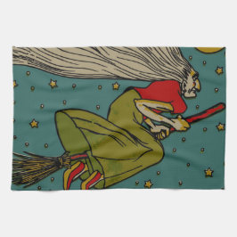 Vintages Halloween, böse Hexe, die auf Broomstick  Handtuch