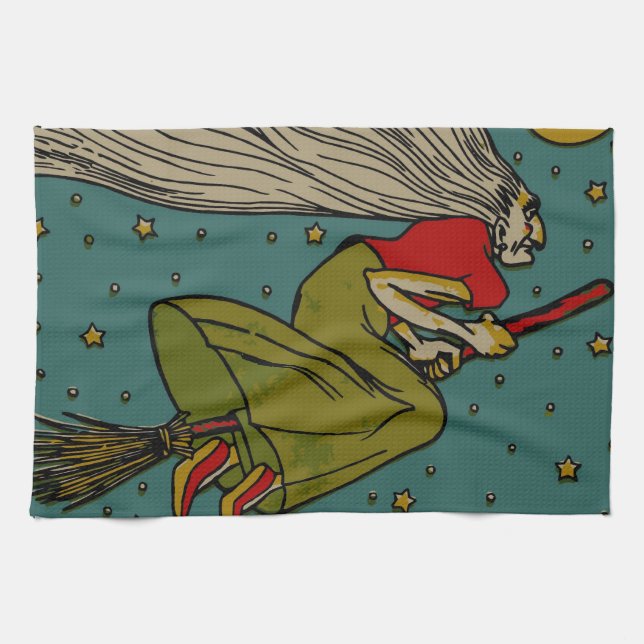 Vintages Halloween, böse Hexe, die auf Broomstick  Handtuch (Horizontal)