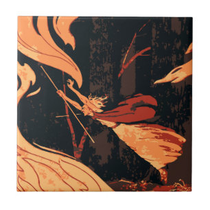 Vintages Halloween, böse Hexe mit Feuer im Wald Fliese