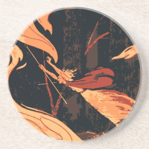 Vintages Halloween, böse Hexe mit Feuer im Wald Getränkeuntersetzer