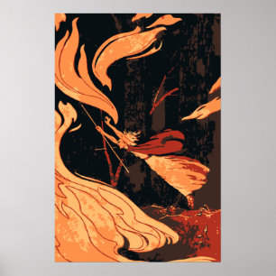 Vintages Halloween, böse Hexe mit Feuer im Wald Poster