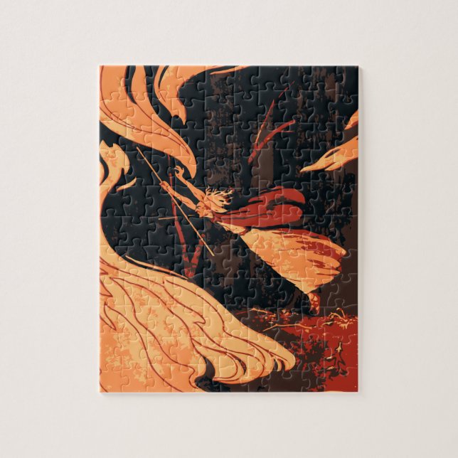 Vintages Halloween, böse Hexe mit Feuer im Wald Puzzle (Vertikal)