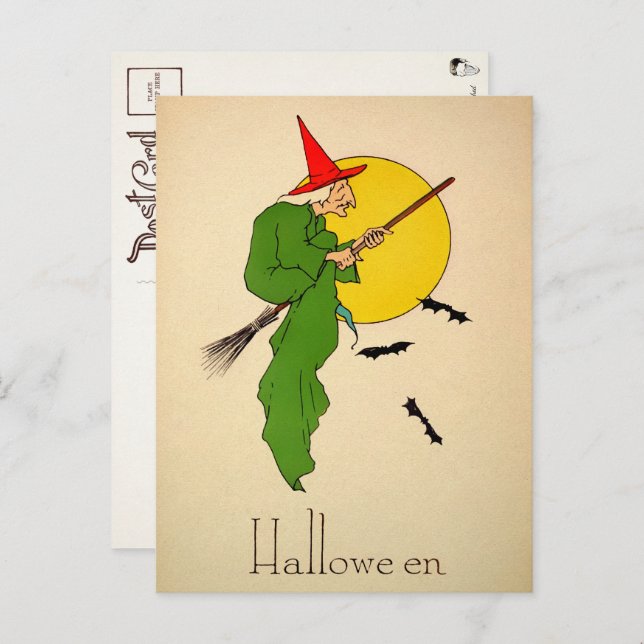 Vintages Halloween-Broom Hexenkarte Postkarte (Vorne/Hinten)
