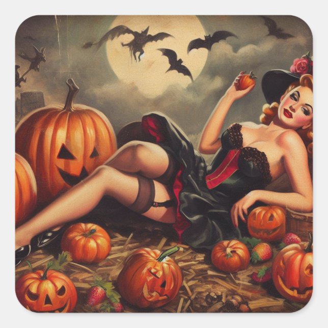 Vintages Halloween-Button Quadratischer Aufkleber (Vorderseite)