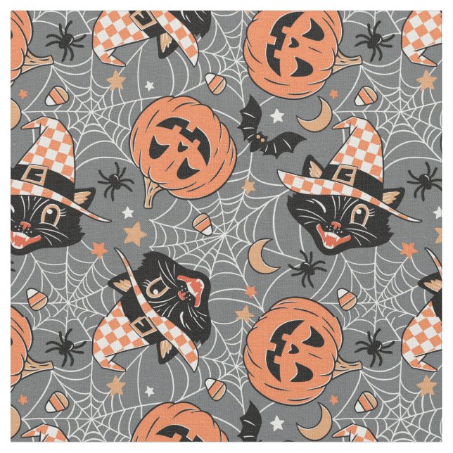 Vintages Halloween Cats und Pumpkins-Muster Stoff (Nahaufnahme)