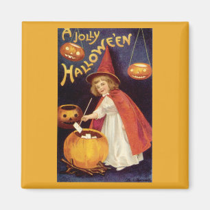 Vintages Halloween, eine niedliche Mädchen-Hexe Magnet