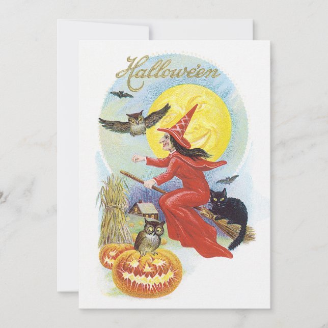 Vintages Halloween, Fliegerhexe mit schwarzer Katz Einladung (Vorderseite)