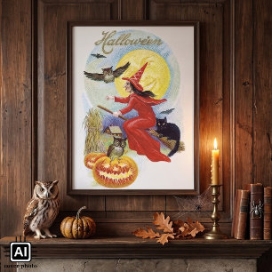 Vintages Halloween, Fliegerhexe mit schwarzer Katz Poster