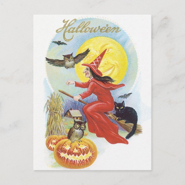 Vintages Halloween, Fliegerhexe mit schwarzer Katz Postkarte (Vorderseite)