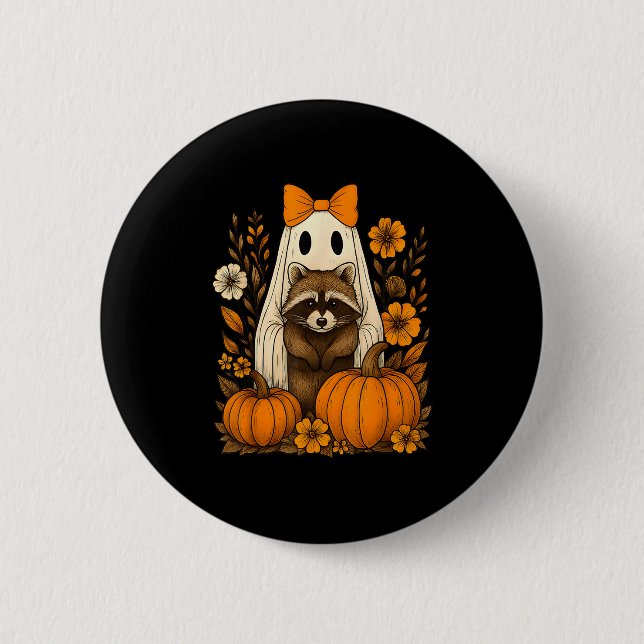 Vintages Halloween Ghost Holding Raccoon Groovy Fl Button (Vorderseite)