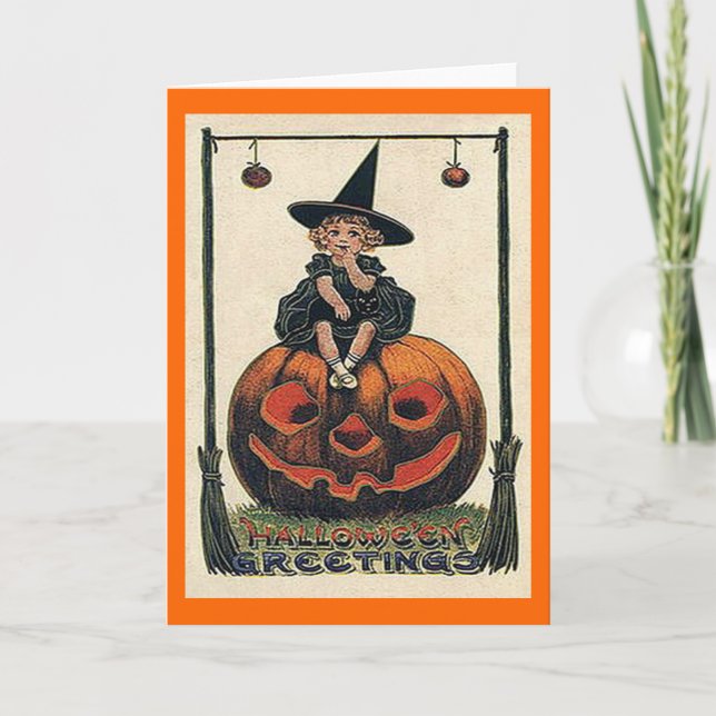 Vintages Halloween Girl auf Jack o'Lantern Card Karte (Vorderseite)