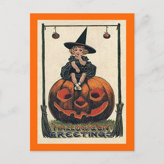 Vintages Halloween Girl auf Jack o'Lantern Postkarte (Vorderseite)