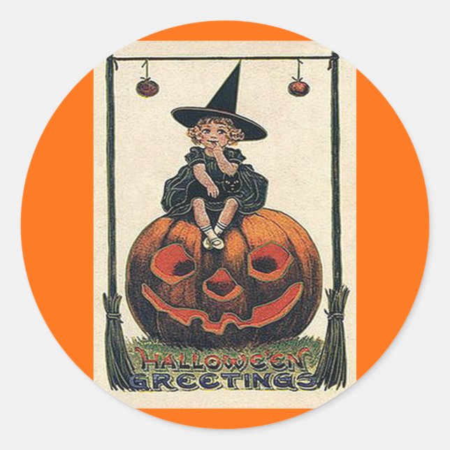 Vintages Halloween Girl auf Jack o'Lantern Runder Aufkleber (Vorderseite)