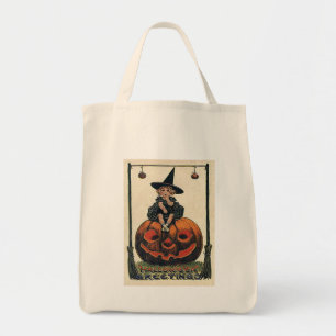Vintages Halloween Girl auf Jack o'Lantern Tragetasche