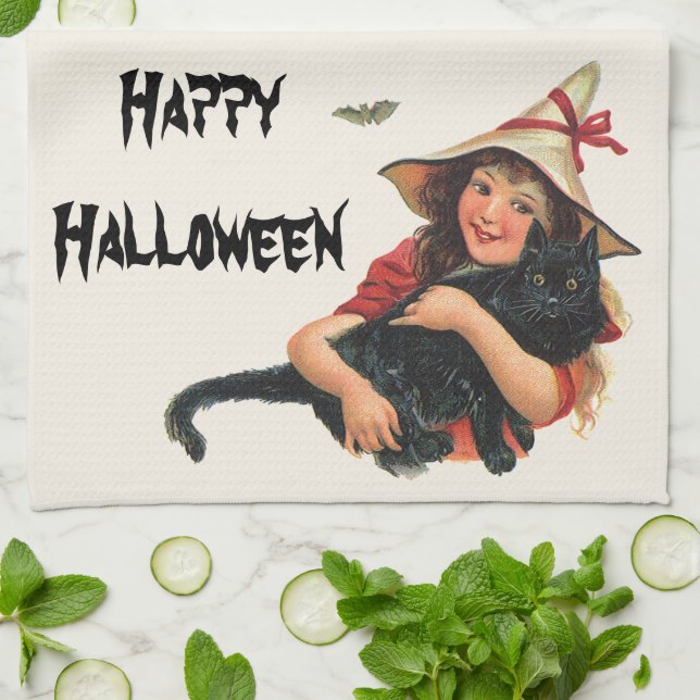 Vintages Halloween, Girl Hexe mit schwarzer Katze Geschirrtuch (Gefaltet)