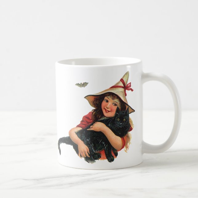 Vintages Halloween, Girl Hexe mit schwarzer Katze Kaffeetasse (Rechts)