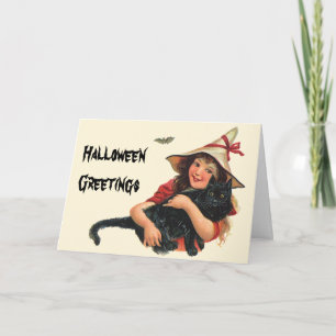 Vintages Halloween, Girl Hexe mit schwarzer Katze Karte