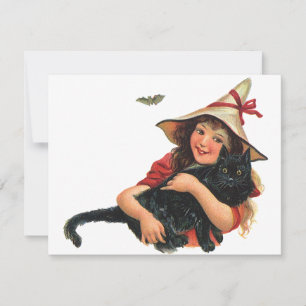 Vintages Halloween, Girl Hexe mit schwarzer Katze Karte