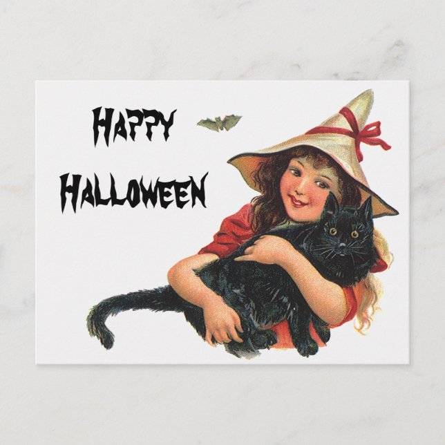 Vintages Halloween, Girl Hexe mit schwarzer Katze Postkarte (Vorderseite)