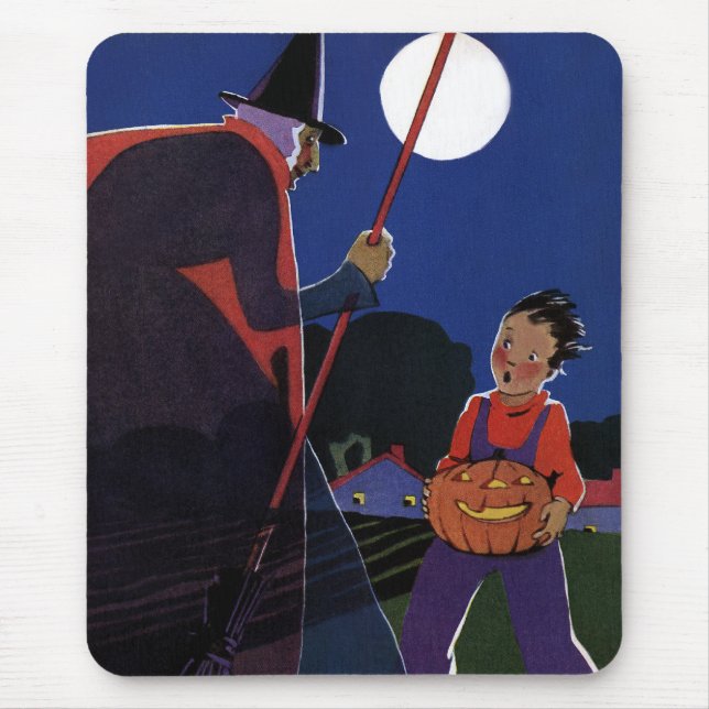 Vintages Halloween, gruselige Hexe mit Junge Mousepad (Vorne)