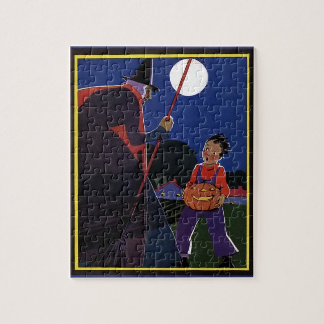 Vintages Halloween, gruselige Hexe mit Junge Puzzle (Vertikal)