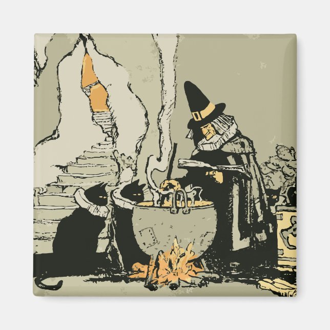 Vintages Halloween, Hexe mit Cauldron und Katzen Magnet (Vorne)