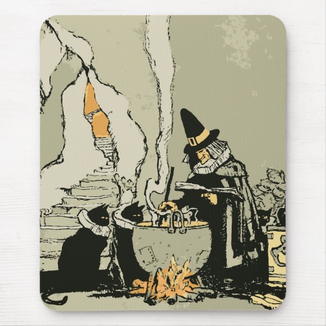 Vintages Halloween, Hexe mit Cauldron und Katzen Mousepad (Vorne)